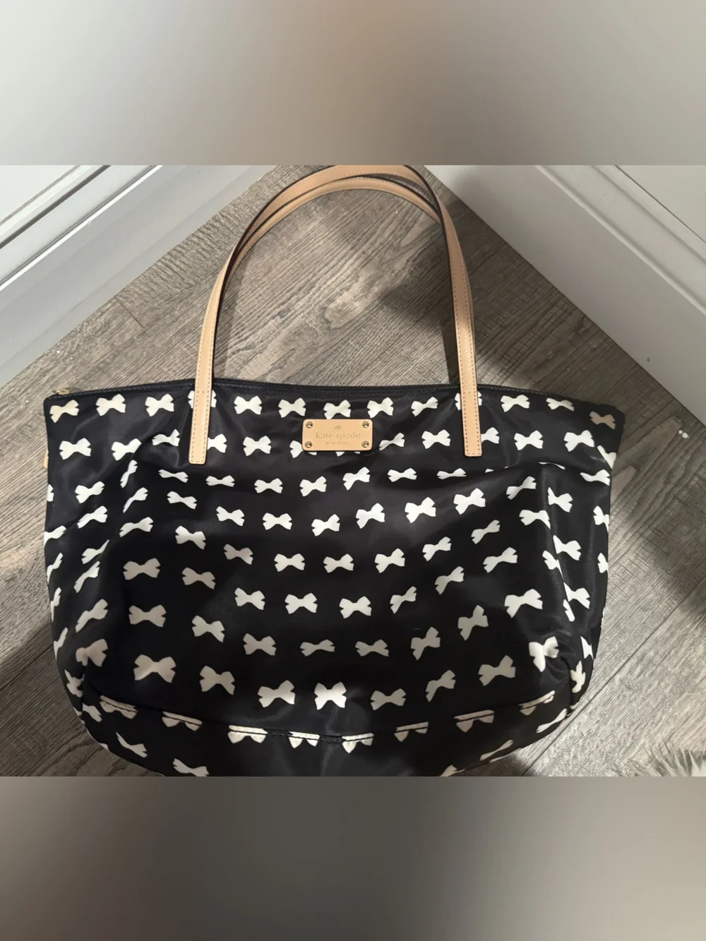 kate spade Black and White Bow-Print Tote with Tan Handles